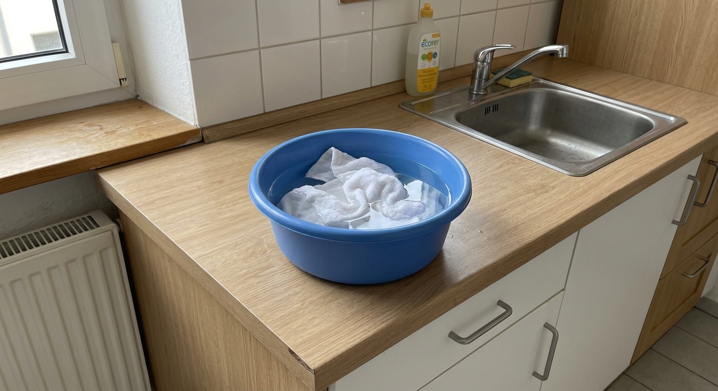 Towel soaking in water showing residue
