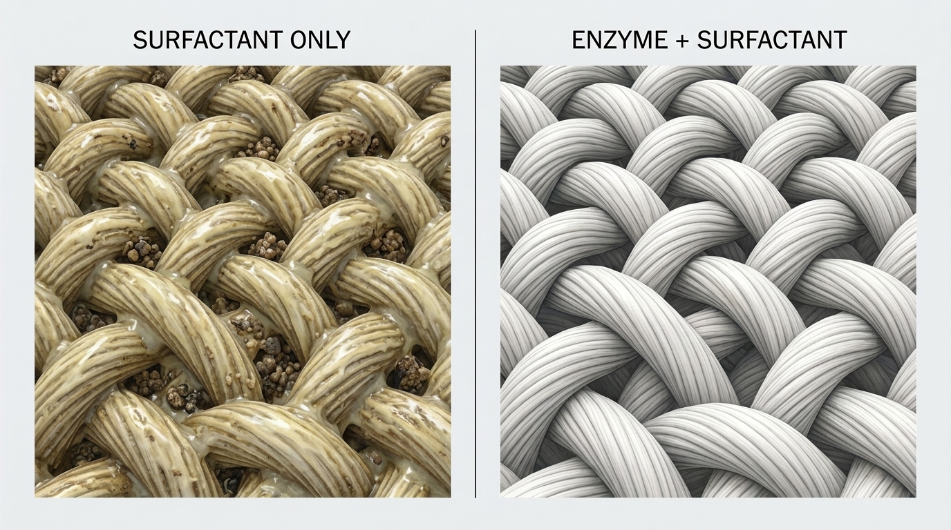 Infographic comparing surfactant-only cleaning versus enzyme-based cleaning on fabric fibers