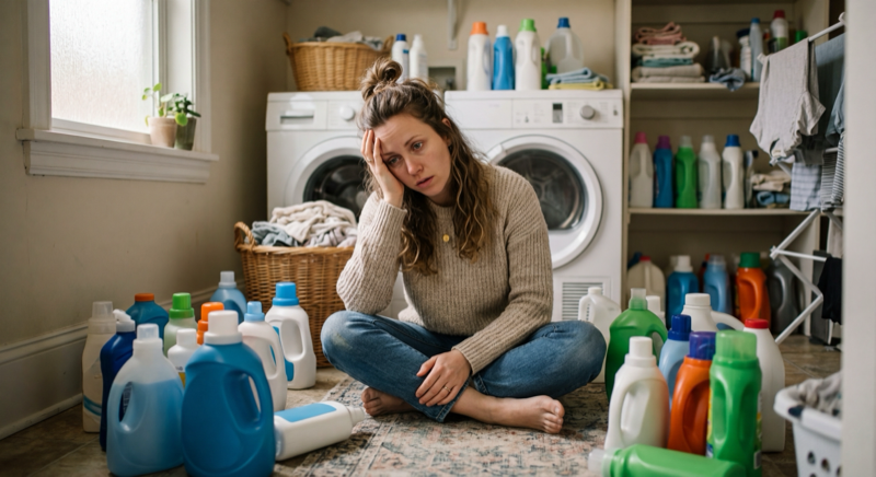 Woman sitting on laundry room floor surrounded by detergent bottles, looking overwhelmed